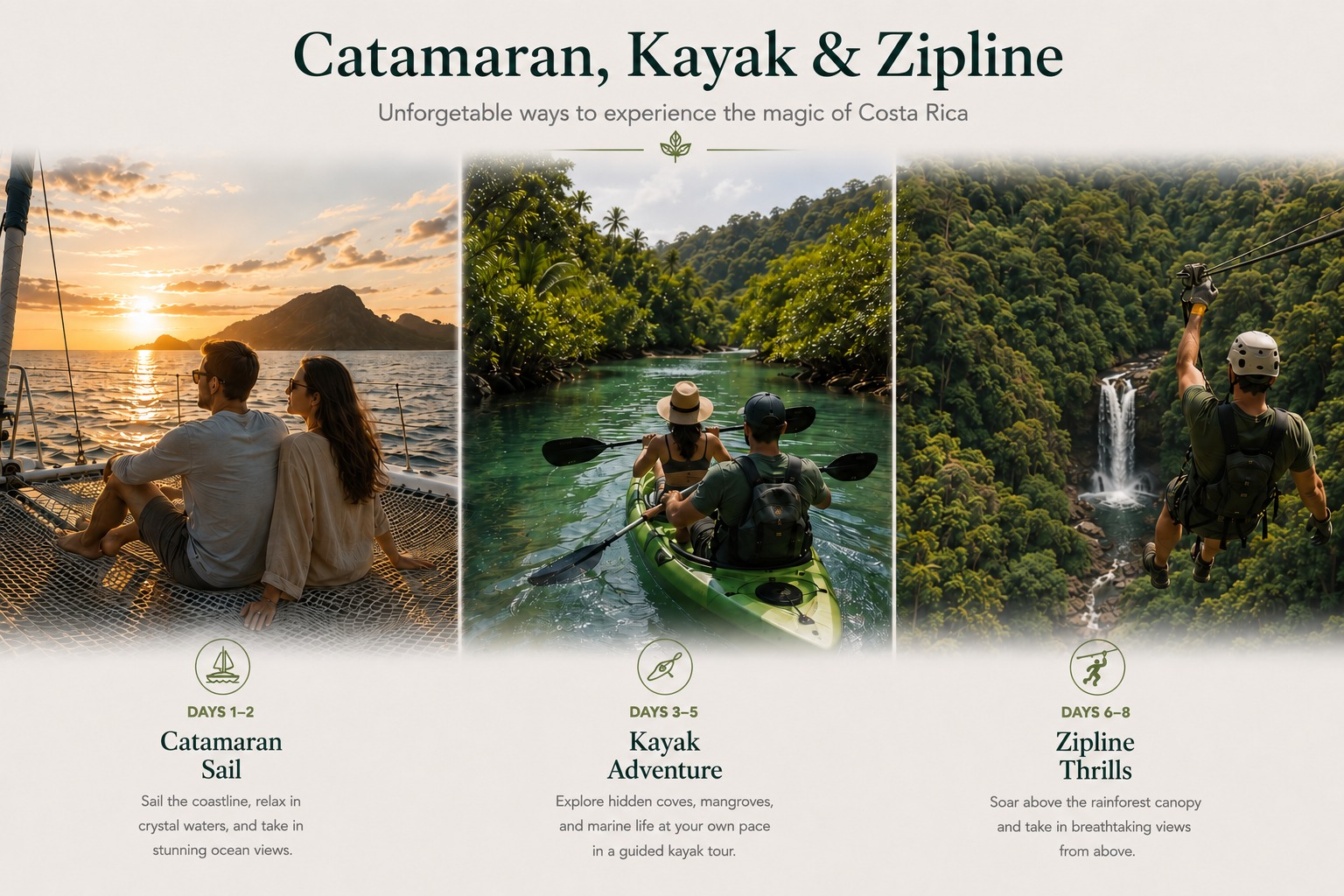 Catamaran, Fishing, Kayak & Zipline, example journey