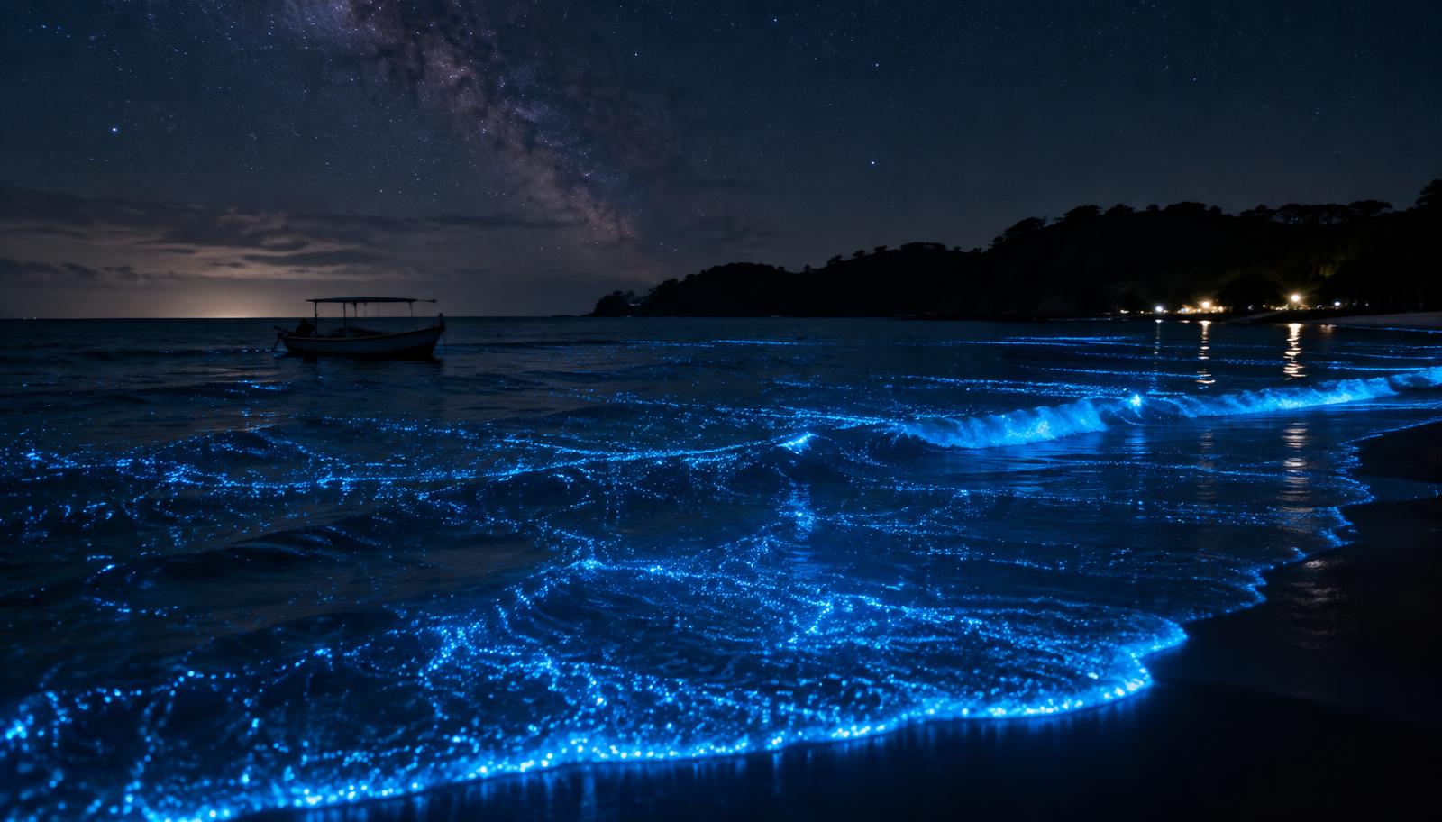 Biolumineszierendes Wasser, das nachts unter den Sternen entlang eines costa-ricanischen Strandes blau leuchtet