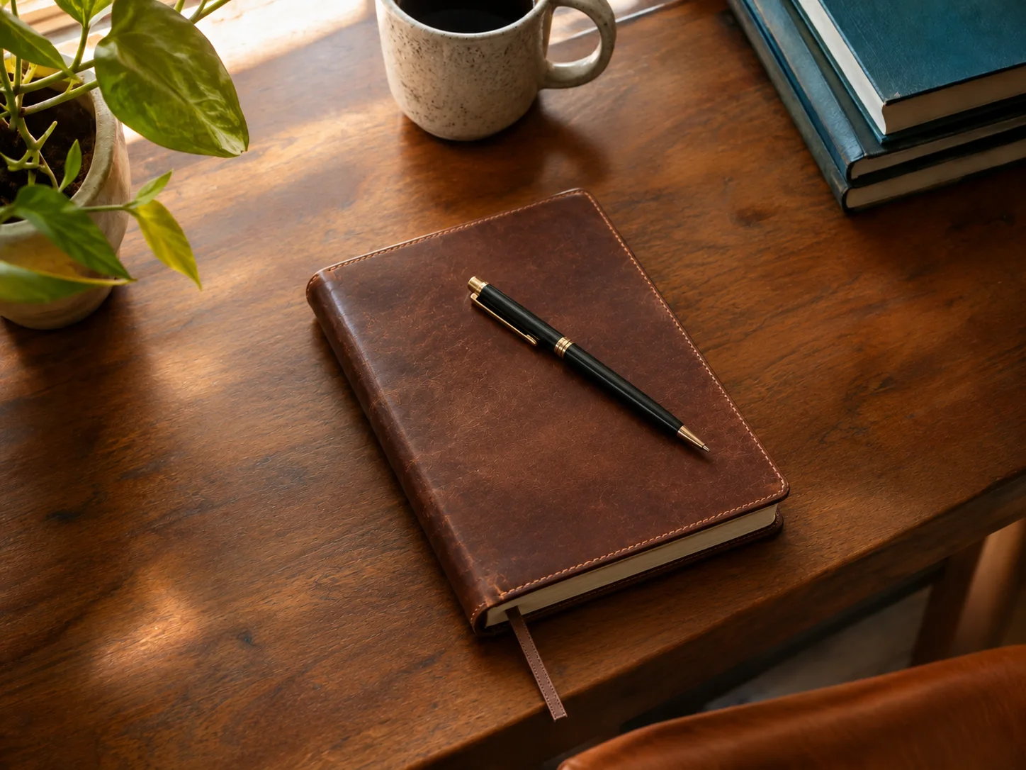 Ledertagebuch und Füller auf einem warmen Holztisch neben Kaffee, Büchern und einer Pflanze