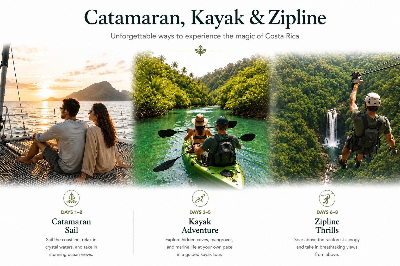 Catamaran, Fishing, Kayak & Zipline, example journey