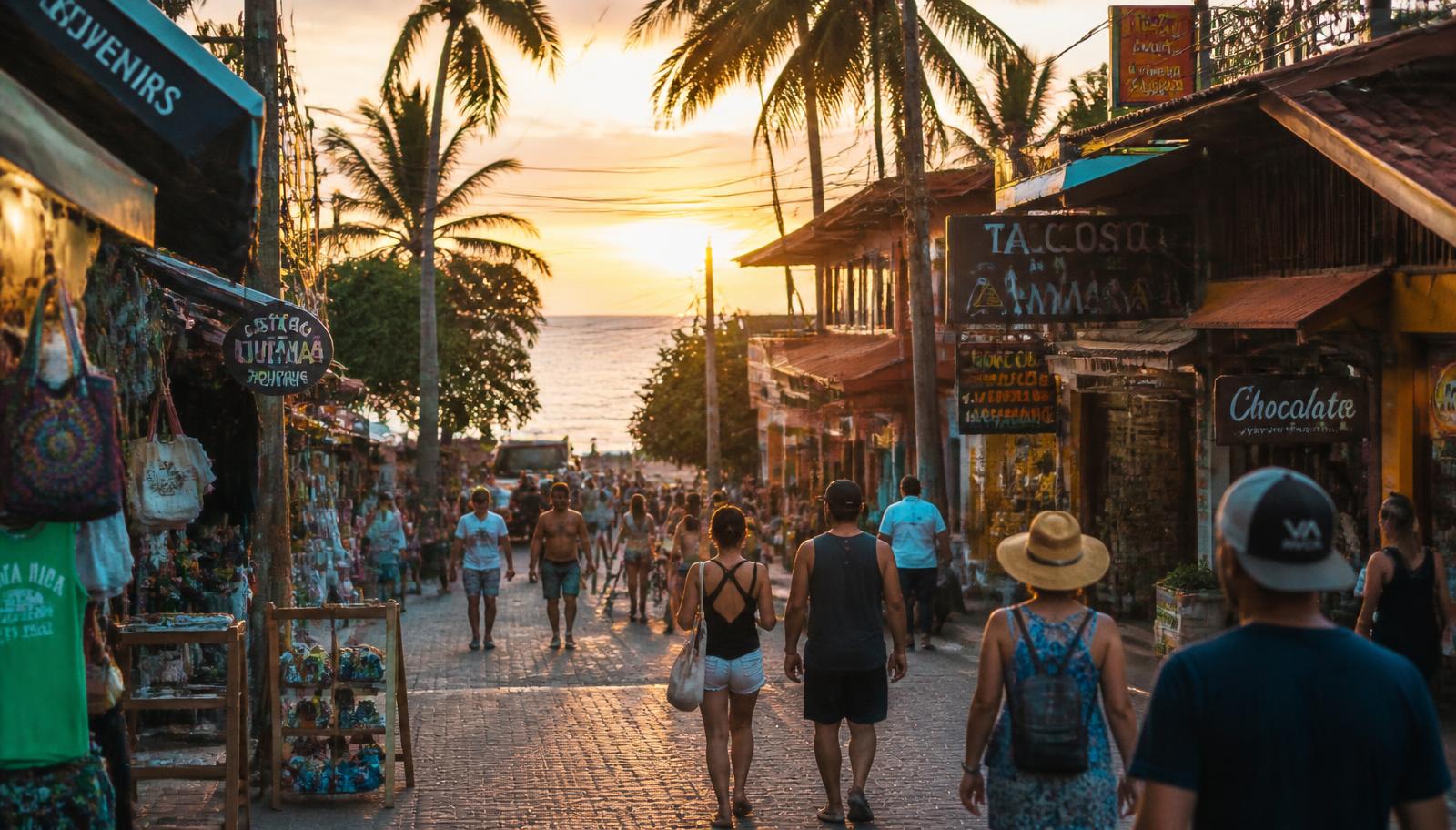 Drukke straat in een Costa Ricaans kustplaatsje bij gouden uur met souvenirkraampjes, palmbomen en bezoekers die naar de zee lopen