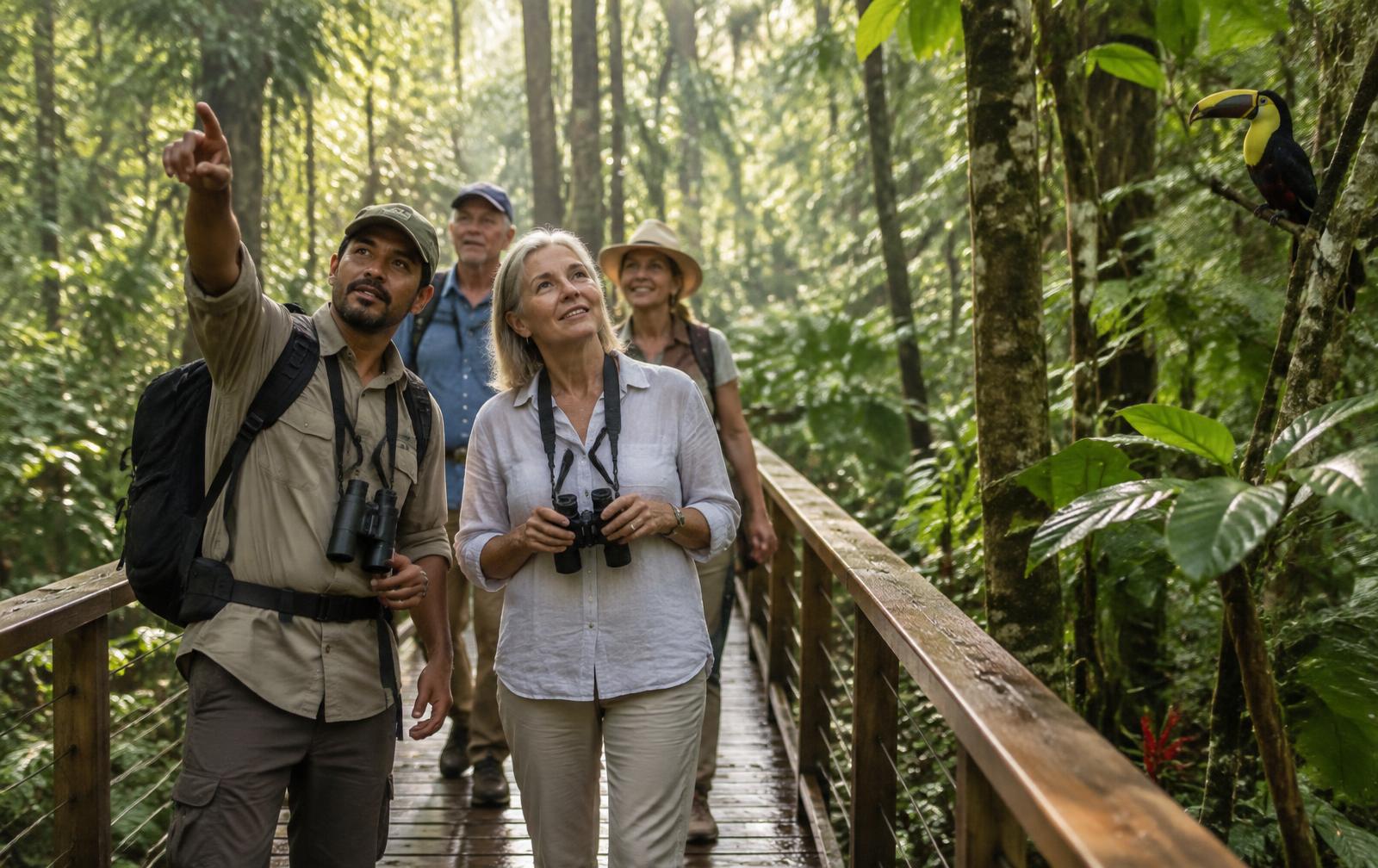 Multigenerational travelers and a naturalist guide walking at an easy pace on a Costa Rican rainforest boardwalk